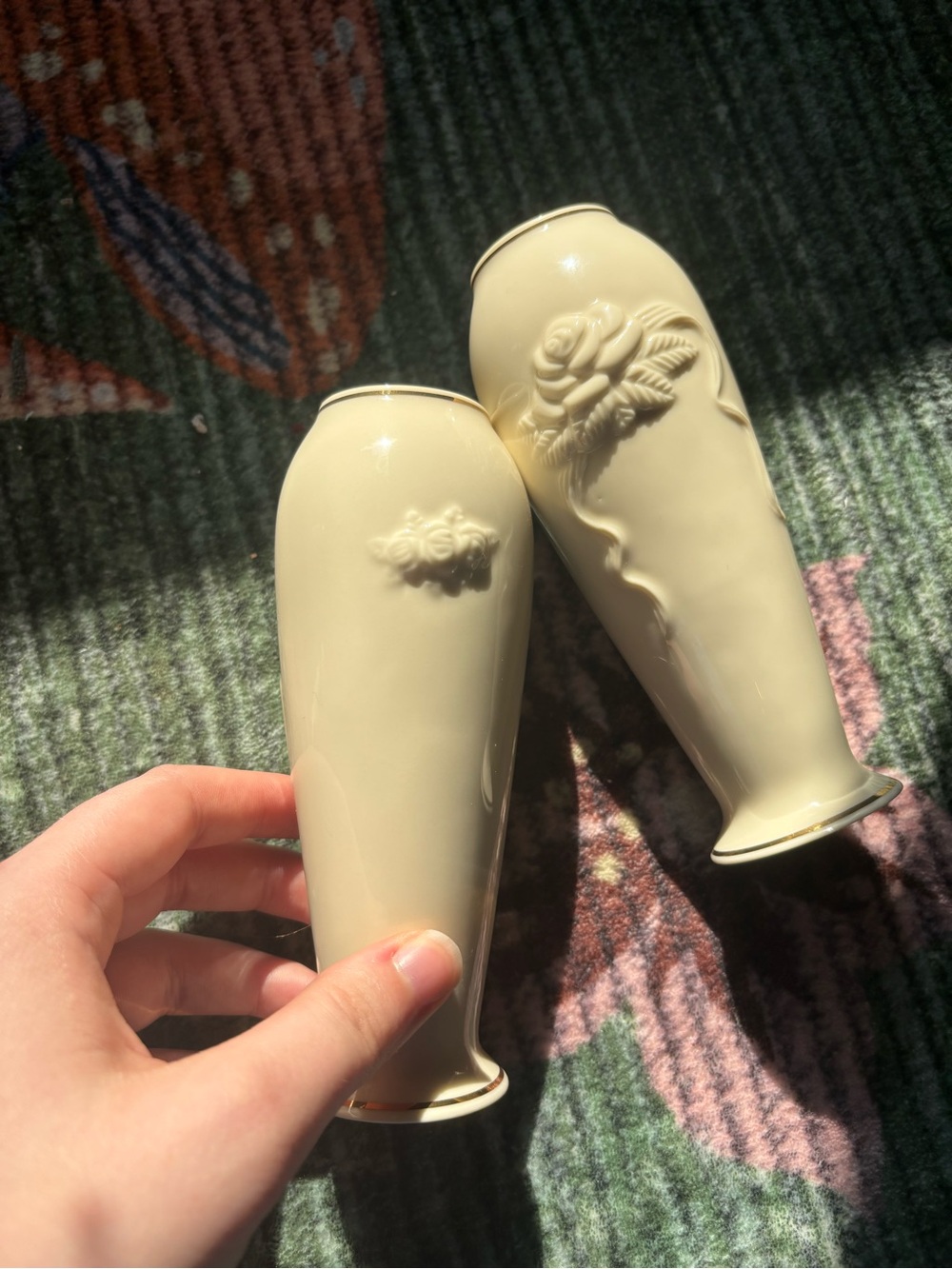 Elegant Lenox Cream Ceramic Bud Vases with Raised Rose Detail